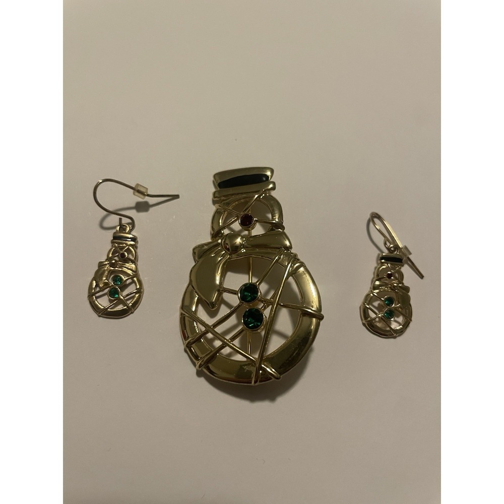 Vtg EISENBERG ICE Snowman Brooch Gold Plated Red Green 2" Broach Pin & Earrings